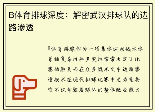 B体育排球深度：解密武汉排球队的边路渗透